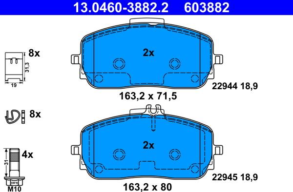ATE 13.0460-3882.2 - Гальмівні колодки, дискові гальма autocars.com.ua
