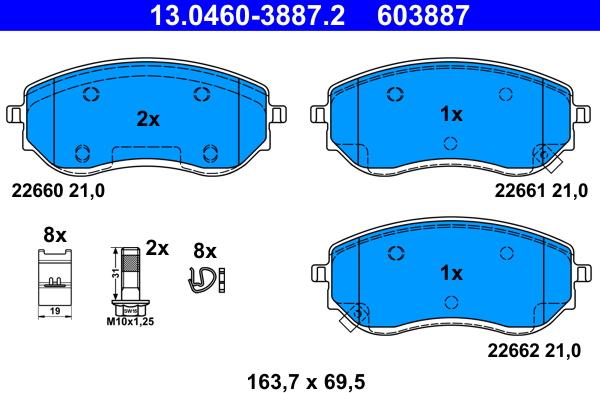 ATE 13.0460-3887.2 - Гальмівні колодки, дискові гальма autocars.com.ua