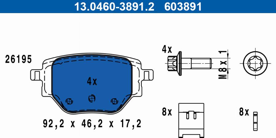 ATE 13.0460-3891.2 - Гальмівні колодки, дискові гальма autocars.com.ua