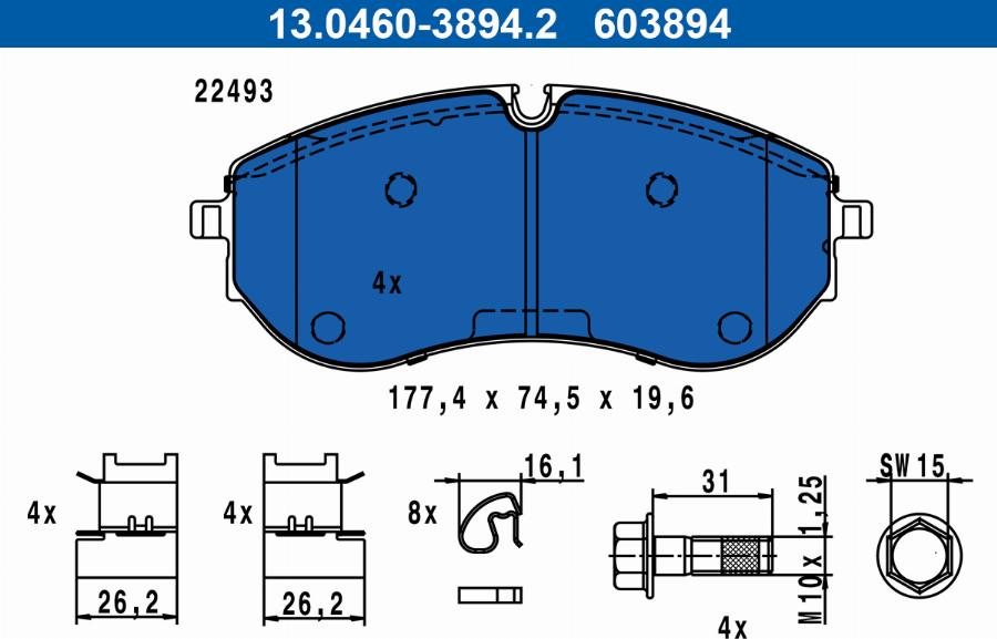 ATE 13.0460-3894.2 - Гальмівні колодки, дискові гальма autocars.com.ua