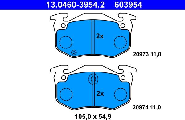 ATE 13.0460-3954.2 - Гальмівні колодки, дискові гальма autocars.com.ua