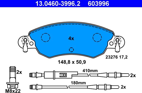 ATE 13.0460-3996.2 - Тормозные колодки, дисковые, комплект avtokuzovplus.com.ua