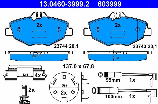 ATE 13.0460-3999.2 - Гальмівні колодки, дискові гальма autocars.com.ua