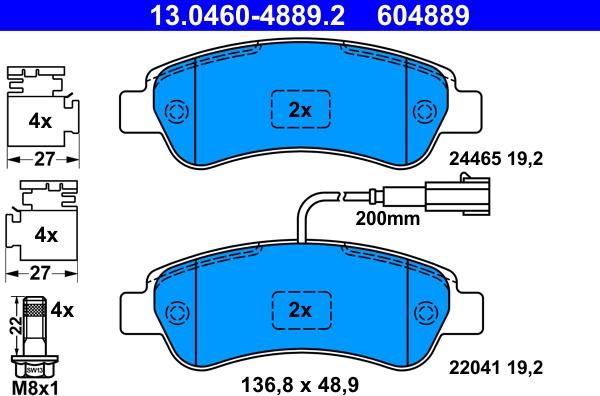 ATE 13.0460-4889.2 - Гальмівні колодки, дискові гальма autocars.com.ua