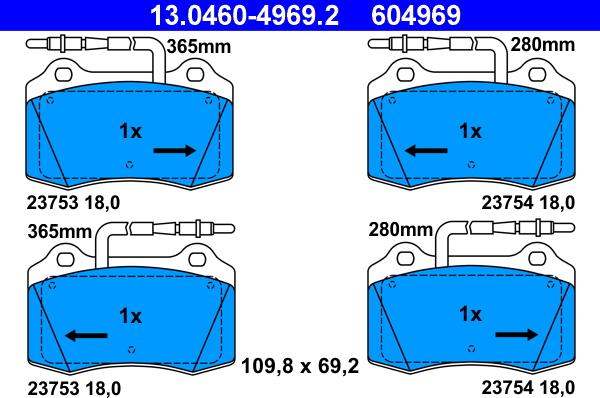 ATE 13.0460-4969.2 - Тормозные колодки, дисковые, комплект avtokuzovplus.com.ua