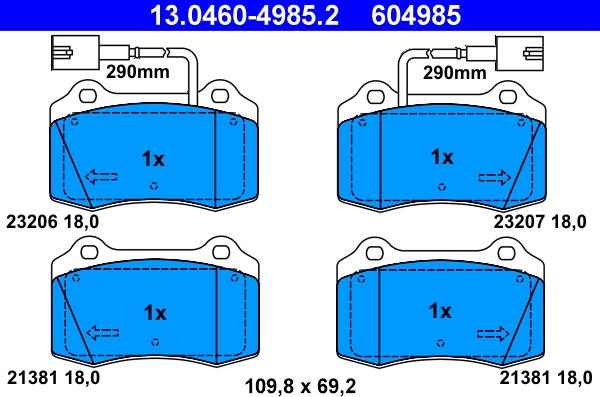 ATE 13.0460-4985.2 - Гальмівні колодки, дискові гальма autocars.com.ua