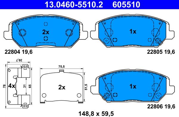 ATE 13.0460-5510.2 - Гальмівні колодки, дискові гальма autocars.com.ua