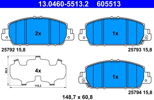 ATE 13.0460-5513.2 - Гальмівні колодки, дискові гальма autocars.com.ua