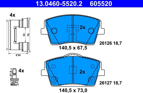 ATE 13.0460-5520.2 - Гальмівні колодки, дискові гальма autocars.com.ua