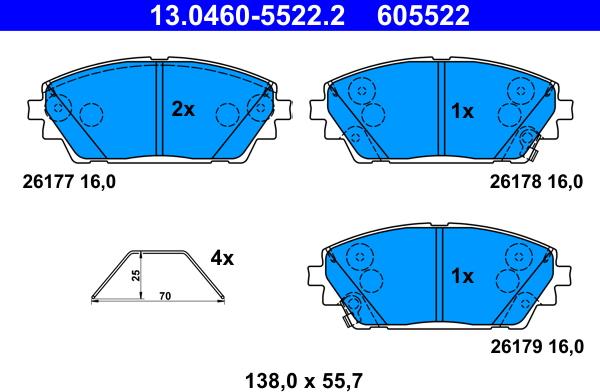 ATE 13.0460-5522.2 - Гальмівні колодки, дискові гальма autocars.com.ua