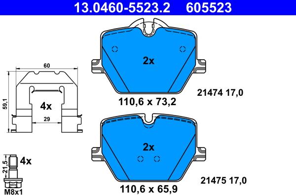 ATE 13.0460-5523.2 - Гальмівні колодки, дискові гальма autocars.com.ua