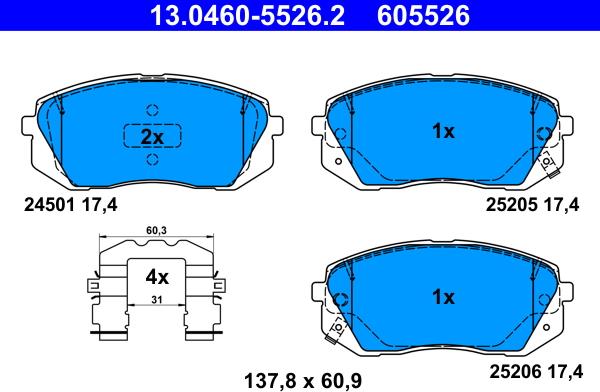 ATE 13.0460-5526.2 - Тормозные колодки, дисковые, комплект avtokuzovplus.com.ua