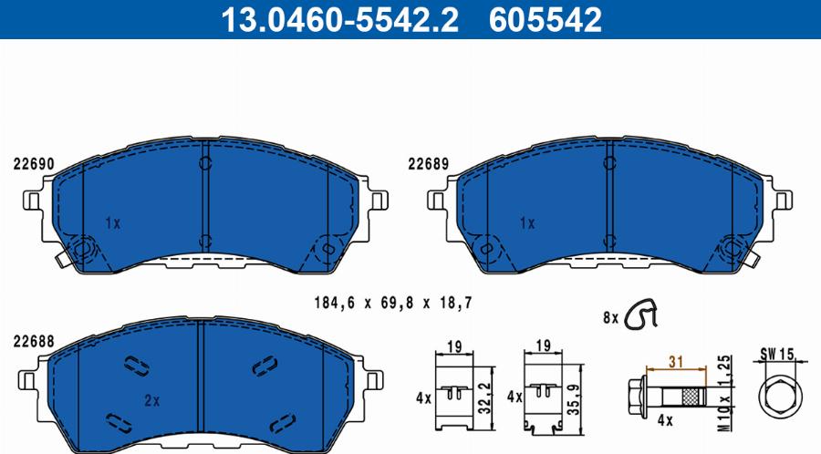 ATE 13.0460-5542.2 - Гальмівні колодки, дискові гальма autocars.com.ua