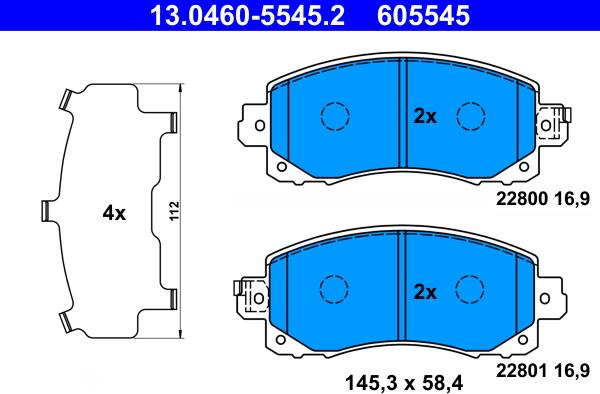 ATE 13.0460-5545.2 - Гальмівні колодки, дискові гальма autocars.com.ua