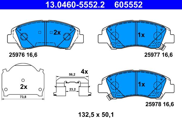 ATE 13.0460-5552.2 - Гальмівні колодки, дискові гальма autocars.com.ua