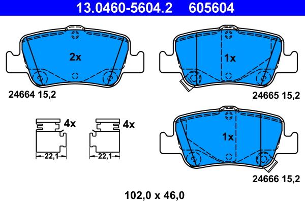 ATE 13.0460-5604.2 - Гальмівні колодки, дискові гальма autocars.com.ua