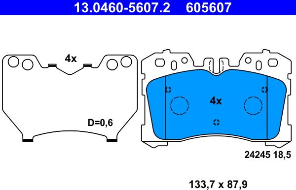 ATE 13.0460-5607.2 - Гальмівні колодки, дискові гальма autocars.com.ua