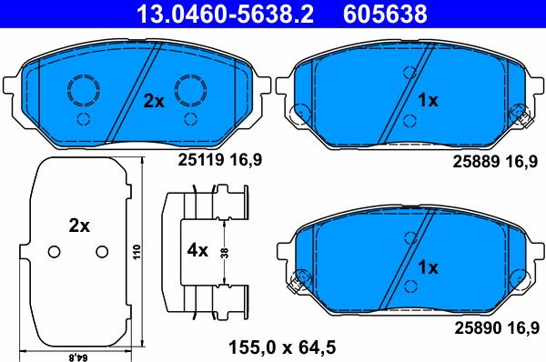 ATE 13.0460-5638.2 - Гальмівні колодки, дискові гальма autocars.com.ua