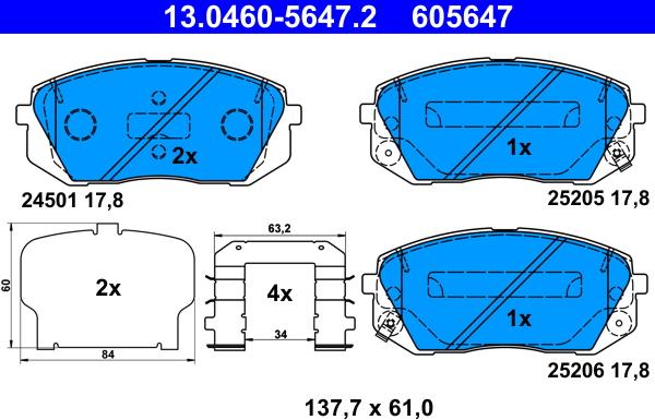 ATE 13.0460-5647.2 - Гальмівні колодки, дискові гальма autocars.com.ua