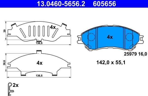 ATE 13.0460-5656.2 - Гальмівні колодки, дискові гальма autocars.com.ua