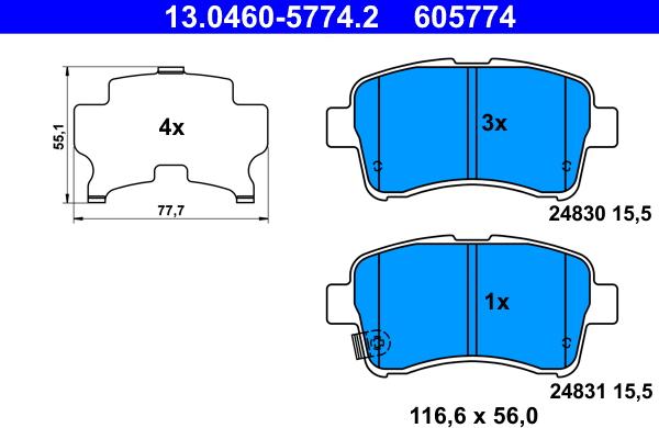 ATE 13.0460-5774.2 - Гальмівні колодки, дискові гальма autocars.com.ua