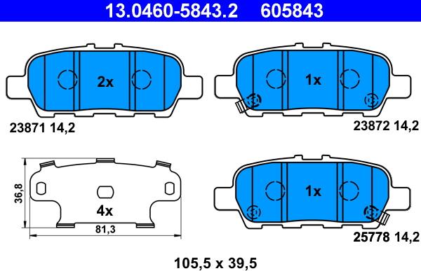 ATE 13.0460-5843.2 - Гальмівні колодки, дискові гальма autocars.com.ua