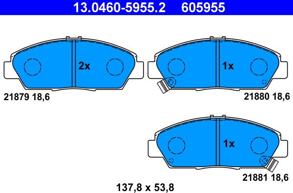 ATE 13.0460-5955.2 - Гальмівні колодки, дискові гальма autocars.com.ua