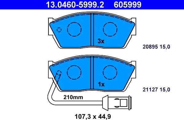 ATE 13.0460-5999.2 - Гальмівні колодки, дискові гальма autocars.com.ua