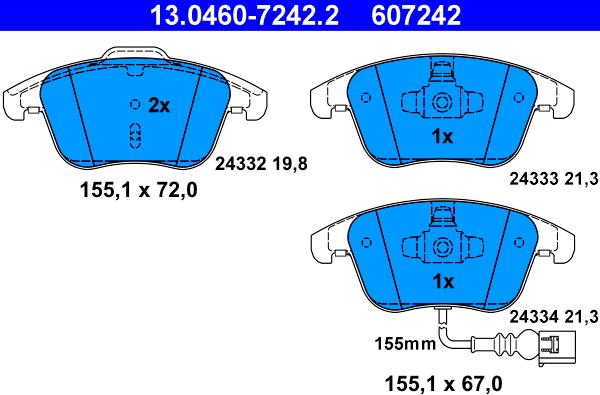 ATE 13.0460-7242.2 - Гальмівні колодки, дискові гальма autocars.com.ua