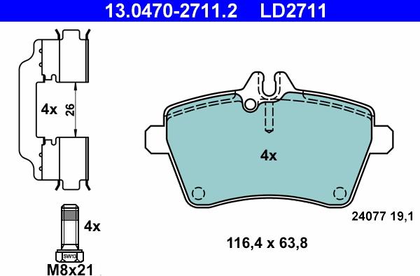 ATE 13.0470-2711.2 - Гальмівні колодки, дискові гальма autocars.com.ua