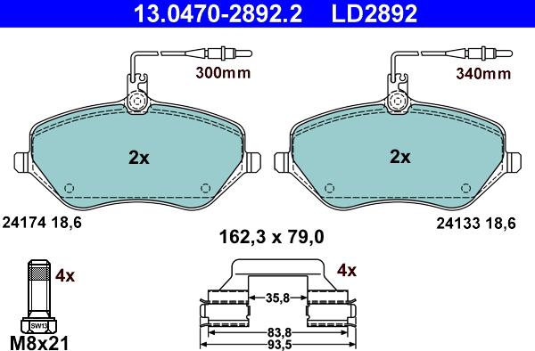 ATE 13.0470-2892.2 - Тормозные колодки, дисковые, комплект avtokuzovplus.com.ua