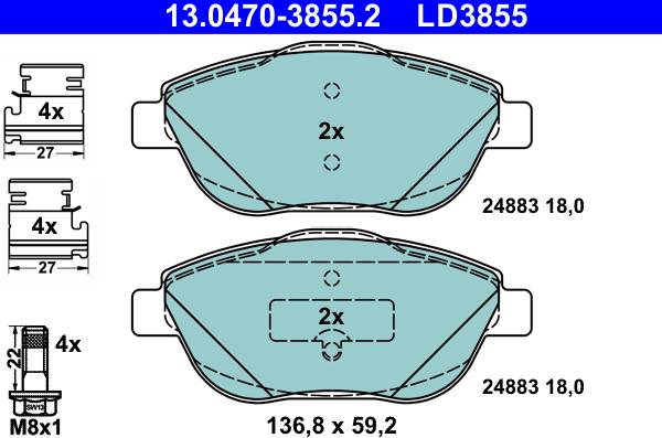 ATE 13.0470-3855.2 - Тормозные колодки, дисковые, комплект autodnr.net