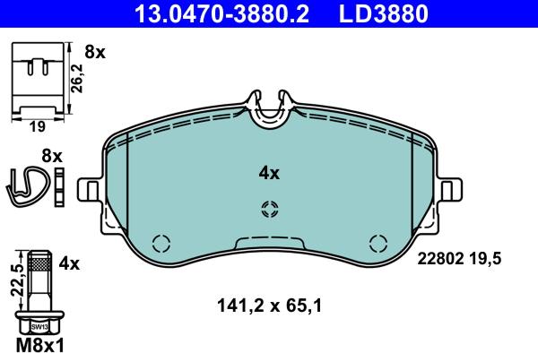 ATE 13.0470-3880.2 - Гальмівні колодки, дискові гальма autocars.com.ua