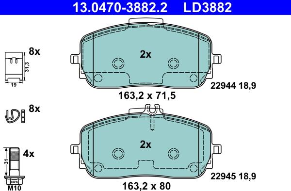 ATE 13.0470-3882.2 - Гальмівні колодки, дискові гальма autocars.com.ua