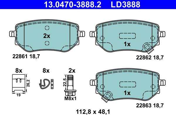 ATE 13.0470-3888.2 - Гальмівні колодки, дискові гальма autocars.com.ua