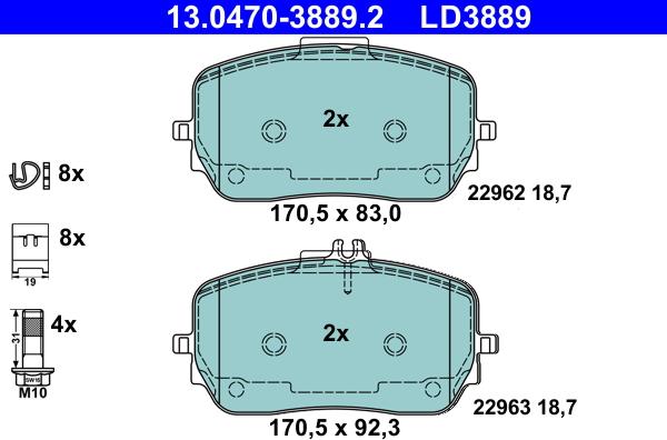 ATE 13.0470-3889.2 - Гальмівні колодки, дискові гальма autocars.com.ua