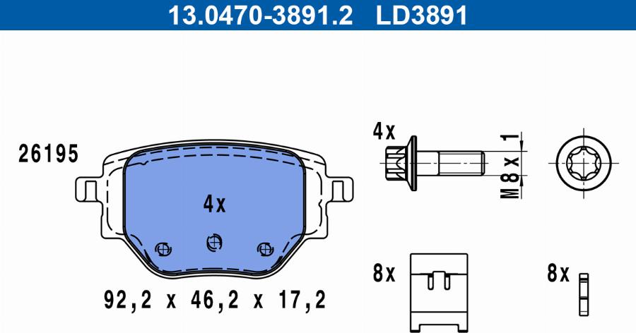 ATE 13.0470-3891.2 - Гальмівні колодки, дискові гальма autocars.com.ua