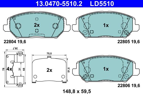 ATE 13.0470-5510.2 - Гальмівні колодки, дискові гальма autocars.com.ua