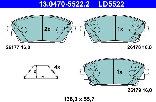 ATE 13.0470-5522.2 - Гальмівні колодки, дискові гальма autocars.com.ua