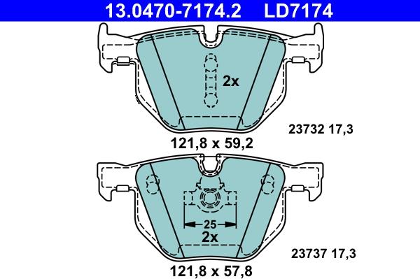 ATE 13.0470-7174.2 - Гальмівні колодки, дискові гальма autocars.com.ua