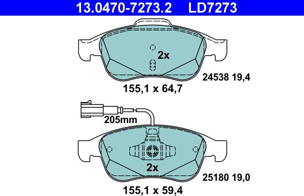 ATE 13.0470-7273.2 - Тормозные колодки, дисковые, комплект avtokuzovplus.com.ua