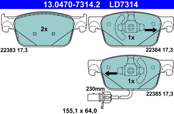 ATE 13.0470-7314.2 - Гальмівні колодки, дискові гальма autocars.com.ua