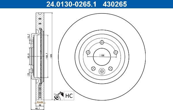 ATE 24.0130-0265.1 - Гальмівний диск autocars.com.ua