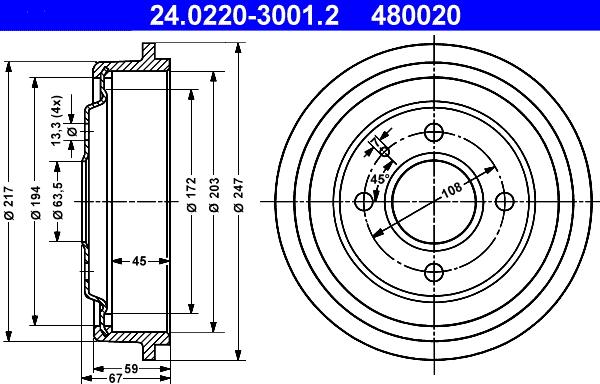 ATE 24.0220-3001.2 - Гальмівний барабан autocars.com.ua