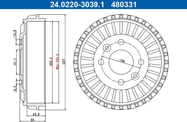 ATE 24.0220-3039.1 - Гальмівний барабан autocars.com.ua
