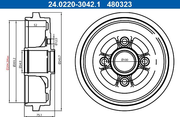 ATE 24.0220-3042.1 - Гальмівний барабан autocars.com.ua