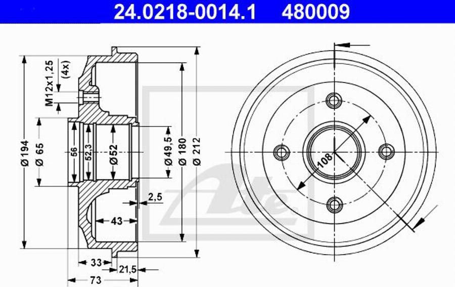 ATE 480009 - Гальмівний барабан autocars.com.ua