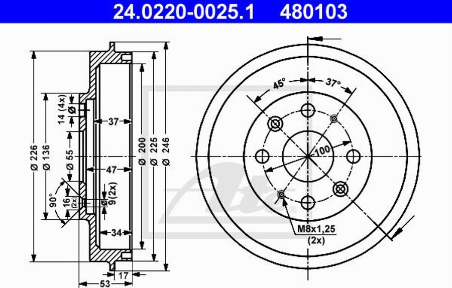 ATE 480103 - Тормозной барабан avtokuzovplus.com.ua