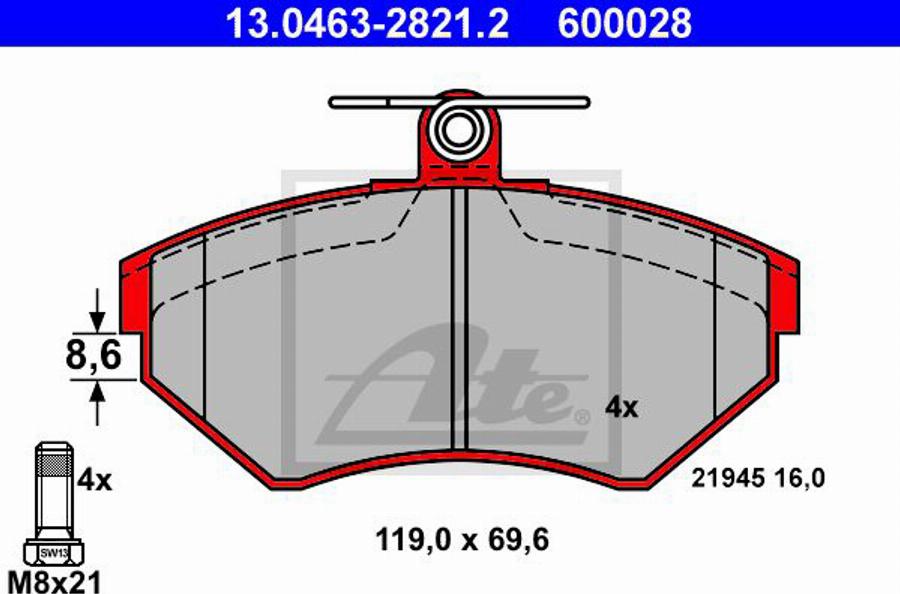 ATE 600028 - Тормозные колодки, дисковые, комплект autodnr.net