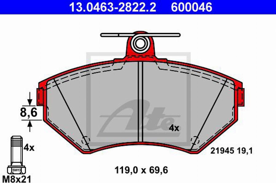 ATE 600046 - Тормозные колодки, дисковые, комплект autodnr.net